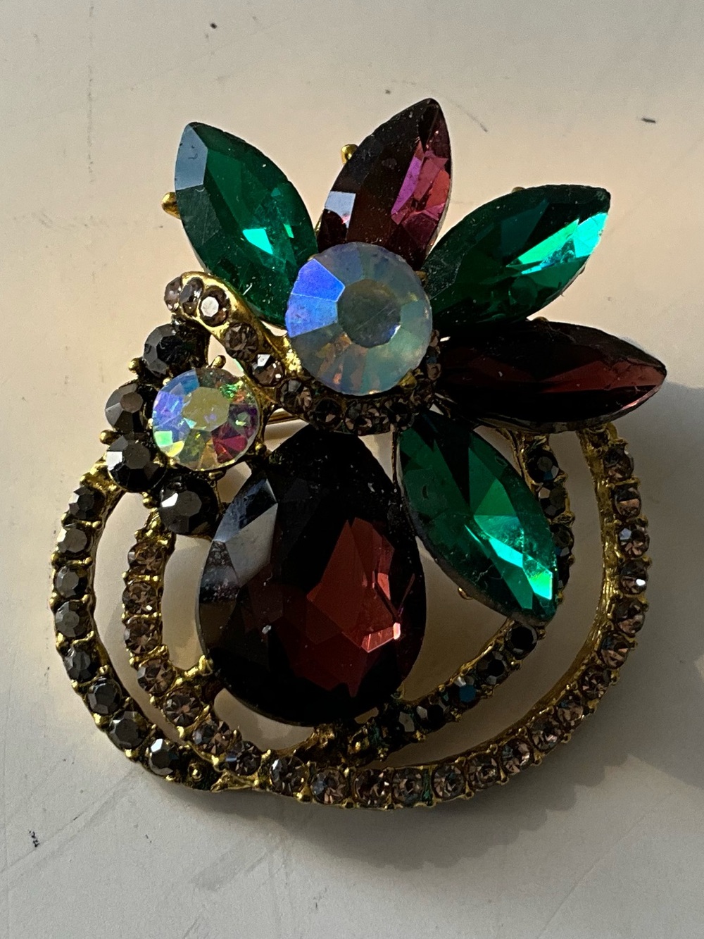 Flower Brooch Pin Gold Tone Green Purple Rhinestone Marquise 1.5 in
